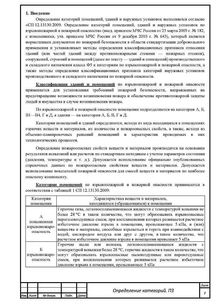 Расчет категорий по взрывопожарной и пожарной опасности для производственного здания компании "Альпина ПЛАСТ"