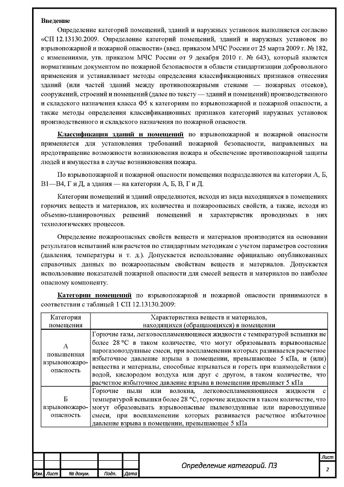 Расчет категорий по взрывопожарной и пожарной опасности для производственного здания компании "Ларчфилд"
